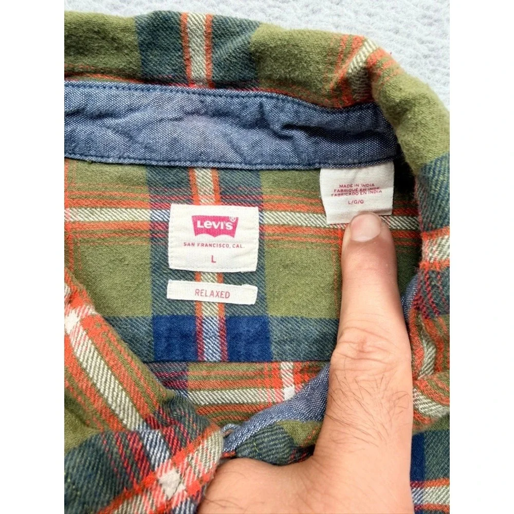 Levis Relaxed Fit Flannel Shirt Mens Large Green Orange Plaid Long Sleeve Cotton